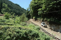 現場の山（左上）に向かって新規に開設した丸太組の作業路。取り付き部分はかなりの急勾配